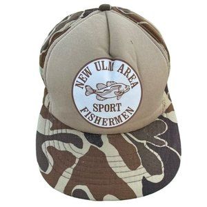 Vintage Snapback Trucker Hat Full Foam Brown Camo New Ulm MN Sports Fishermen
